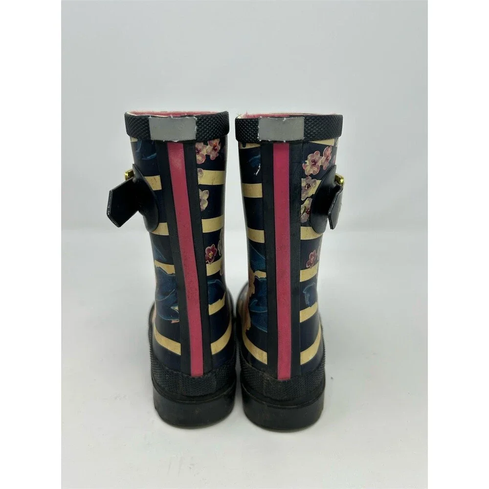 Joules Girls Welly Rain Boots Navy Stripe Floral Buckle Pull-On Mid-Calf Size 9